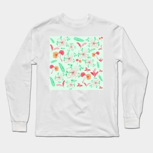 Abstract Flowers & Leaves Pattern In Green Background Long Sleeve T-Shirt